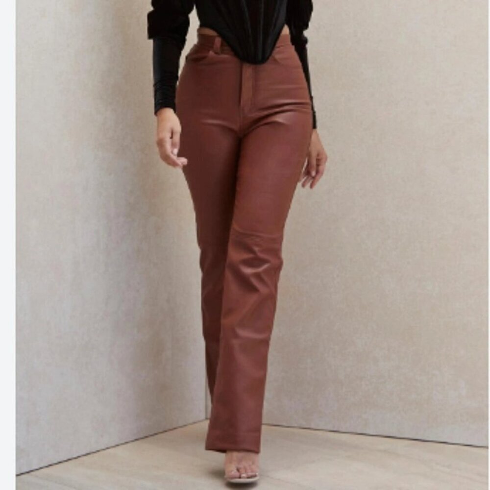 House Of CB Brown Faux Leather High Rise Pants